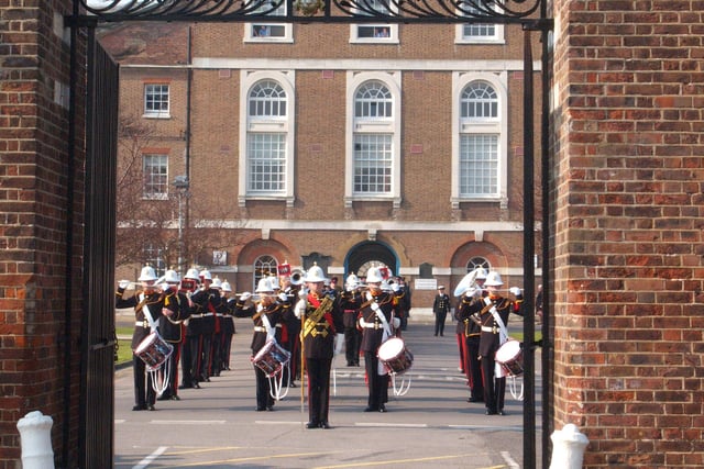 The Royal Marines Band playing outside the Quadrangle Building during a royal visit