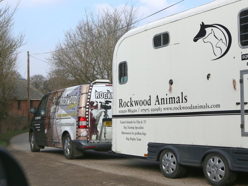 Film crews at the entrance to Little Woodham Village in February 2018, while filming of Doctor Who took place.