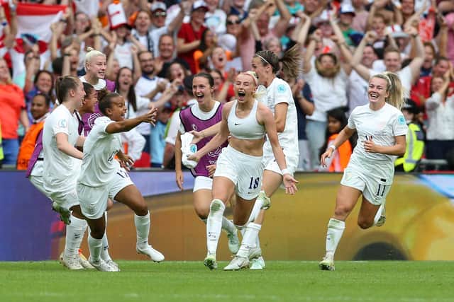 England's Chloe Kelly celebrates scoring their side's second goal of the game during the UEFA Women's Euro 2022 final at Wembley Stadium, London. Picture date: Sunday July 31, 2022.