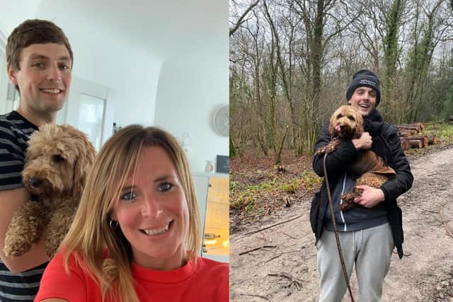 Fudge the dog with owners Ben and Nadine. Picture: Supplied