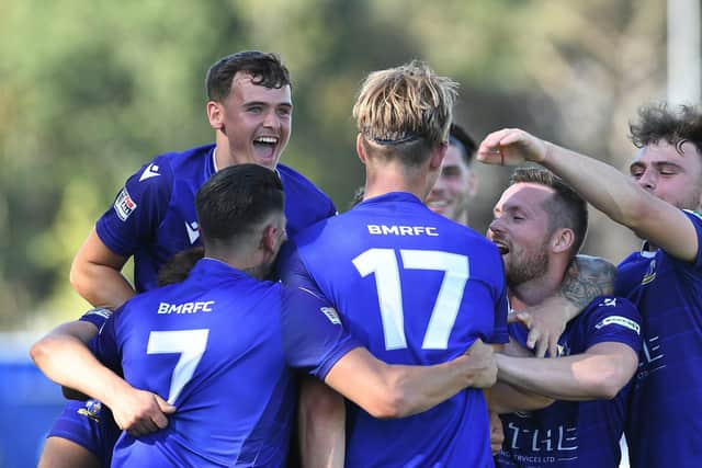 Baffins celebrate Tom Vincent's goal as they take a 3-0 lead. Picture: Neil Marshall