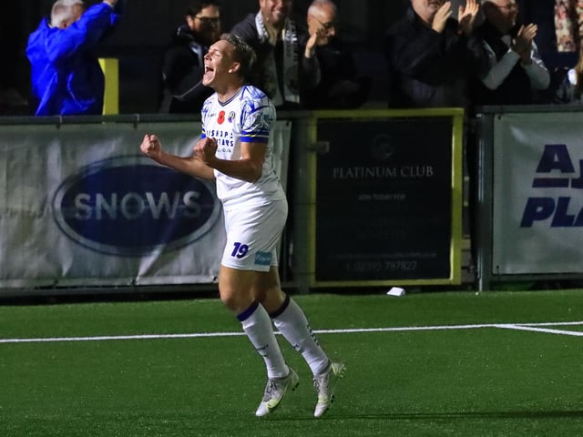 Danny Wright celebrates his second goal. Picture by Dave Haines.