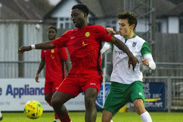 Josh Flint representing Bognor against Merstham in November 2019. He made 21 appearances and scored once for the Rocks in the 2019-20 season.