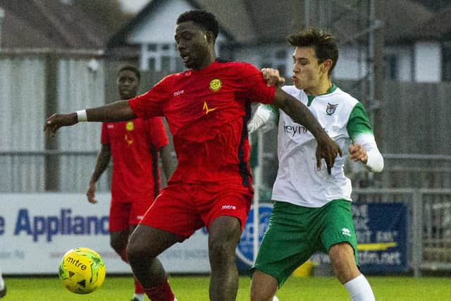 Josh Flint representing Bognor against Merstham in November 2019. He made 21 appearances and scored once for the Rocks in the 2019-20 season.