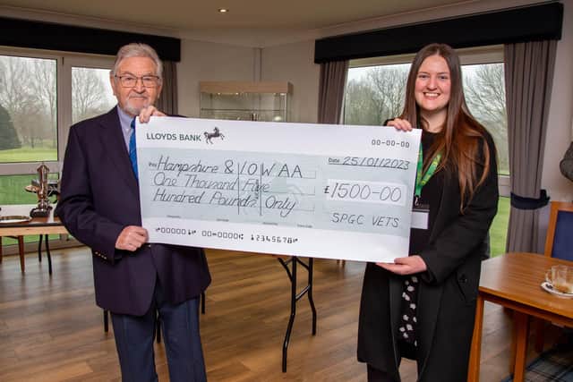 Southwick Park Golf Club, Southwick are presenting a £1540 cheque to Hampshire and IOW Air AmbulancePictured: Alan Chapman of Southwick Park Golf Club presenting the cheque to Natalie Russell of Hampshre and IOW Air Ambulance on Wednesday 25th January 2023Picture: Habibur Rahman