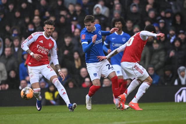 Zak Swanson battles for possession with Ben White in Pompey's FA Cup clash. Picture: Graham Hunt/ProSportsImages