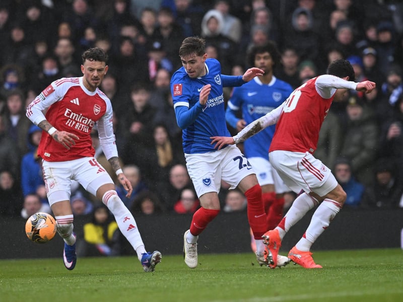 Zak Swanson battles for possession with Ben White in Pompey's FA Cup clash. Picture: Graham Hunt/ProSportsImages