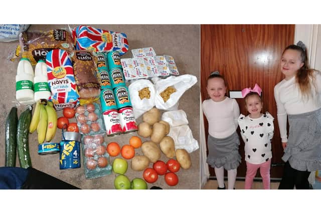 The food Kylie Butcher received from Arundel Court Primary School and from left, her children Lexi, five, Lillie, three, and Kayla, nine
Pictures supplied by Kylie, January 16, 2021