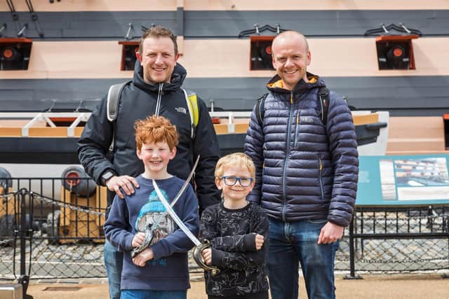 Ross Worboys (42) with son Max (7) visited the Historic Dockyad for Max's birthday, accompanied by Andrew Bailey (42) and son Theo Bailey (7). Picture: Mike Cooter (220521)