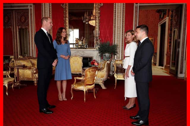 The Duke and Duchess of Cambridge meet the President of Ukraine, Volodymyr Zelenskyy, and his wife, Olena, during an audience at Buckingham Palace, London. 

Photo: Jonathan Brady/PA Wire