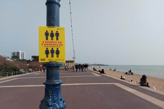 Portsmouth City Council has installed a number of new signs along Southsea seafront to encourage social distancing 
April 1, 2021
Picture: Fiona Callingham