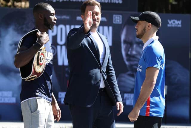 Face to face - Mikey McKinson (wearing his Portsmouth FC shirt) squares up to Chris Kongo (wearing his Millwall shirt) ahead of this weekend's WBO Global Welterweight title fight in Gibraltar. Picture: Mark Robinson (Matchroom Boxing)