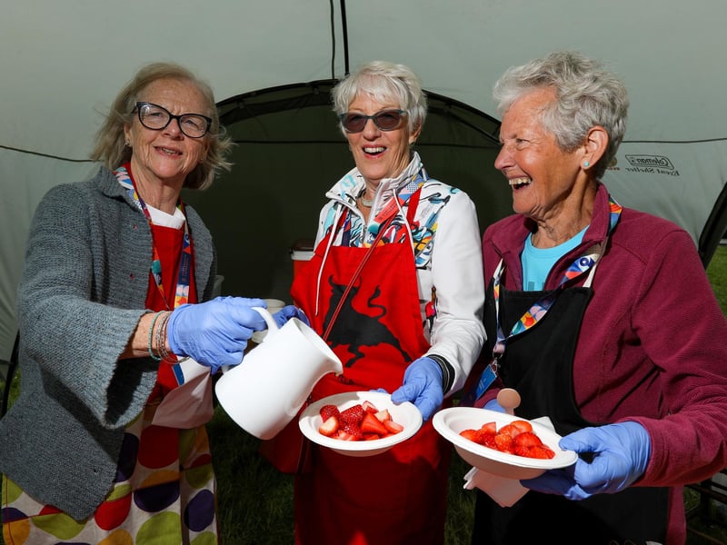 From left, Trudy Goodall, Ann Wilson and Mary Devonshire at the strawberries and cream stallPicture: Chris  Moorhouse (010624-35)