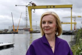 Liz Truss during a campaign visit to the maritime engineering company in Belfast Harbour, as part of her campaign to be leader of the Conservative Party and the next prime minister. Picture: Clodagh Kilcoyne/PA Wire