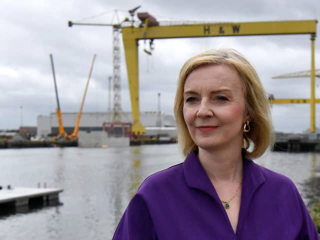 Liz Truss during a campaign visit to the maritime engineering company in Belfast Harbour, as part of her campaign to be leader of the Conservative Party and the next prime minister. Picture: Clodagh Kilcoyne/PA Wire