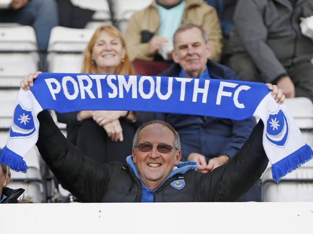 Portsmouth fans during the EFL Sky Bet League 1 match between Morecambe and Portsmouth at the Globe Arena, Morecambe, England on 12 November 2022.