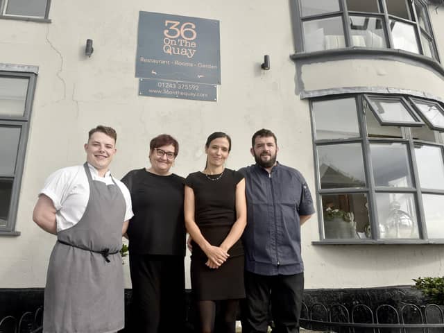 36 On The Quay's Sous Chef is taking part in Master Chef: The Professionals which will air tonight on BBC One at 9pm. 
Pictured is: (l-r) Dara Ryan, sous chef, Karolina Sobierajska, restaurant manager and owners Martyna and Gary Pearce.

Picture: Sarah Standing (101023-9183)