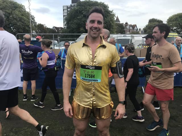 Tom Macpherson, 34, took part in the Great South Run in an all gold outfit to support Dougie Mac Hospice.