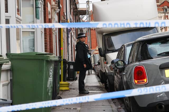 Police secure the area around 44 Telephone Road, Southsea on Monday morning, 4th October 2021. Photos by Alex Shute