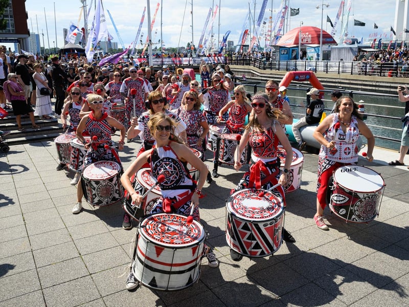 Batala Drums welcomed the crews at Gunwharf.Picture: Keith Woodland (270721-105)
