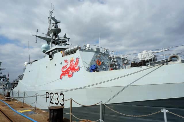 A roaring arrival - HMS Tamar pictured alongside at Portsmouth Naval Base with the ship's lion emblem painted on its side. Photo: Royal Navy