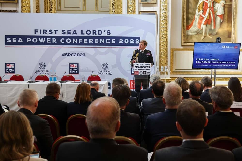 The First Sea Lord Admiral Sir Ben Key KCB CBE delivers his keynote speech at the Sea Power Conference.
