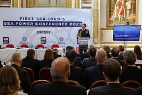 The First Sea Lord Admiral Sir Ben Key KCB CBE delivers his keynote speech at the Sea Power Conference.
