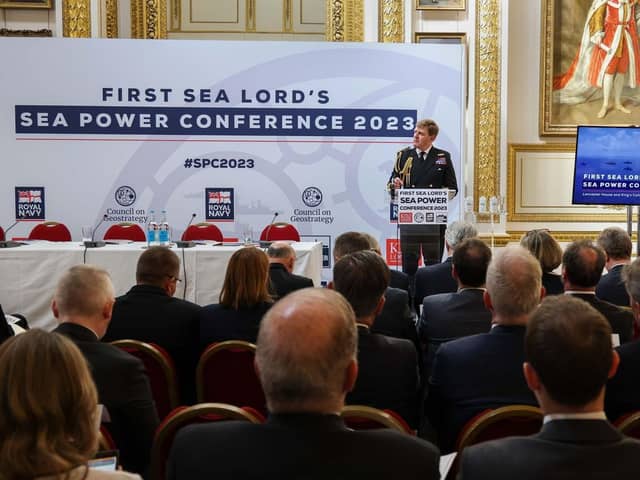 The First Sea Lord Admiral Sir Ben Key KCB CBE delivers his keynote speech at the Sea Power Conference.
