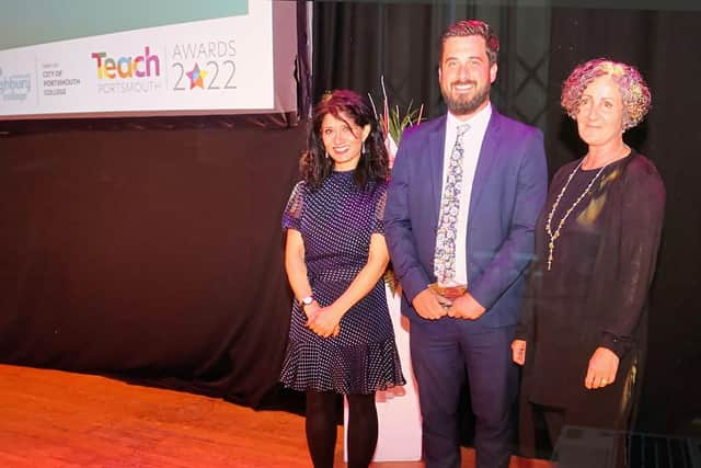Teach Portsmouth Awards 2022 at Portsmouth Guildhall on Thursday 9 June. School and college staff from across the city took centre stage at the awards with winners in 9 award categories. Comedian and broadcaster, Shaparak Khorsandi hosted the ceremony. Pictured is: Winner - Inclusion and diversity award - Pete Dudley - Trafalgar School - Sponsor - Emily Pountney - City of Portsmouth College.Picture: Portsmouth City Council