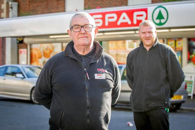 Simon Magorian and Laurence Turner at the Spar shop in St James's Road, Southsea, where they were both separately threatened by shoplifters. Picture: Habibur Rahman