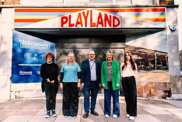Outside of Playland [left to right]: Dylan James-Yeomans, Annabel Cook, Councillor Steve Pitt, Gemma Nichols, and Jasmine Mundy.