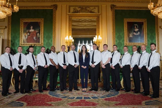 Kate, dressed in a navy suit and white blouse, held an audience with the ship’s company of HMS Glasgow at Windsor Castle on Thursday. Picture: Kensington Palace/PA