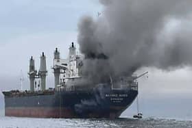 UK and US experts are discussing how to reopen the Strait of Hormuz amid the ongoing war in Iran. Pictured:   Thai bulk carrier 'Mayuree Naree' near the Strait of Hormuz after an attack.
