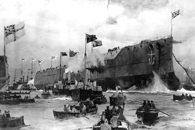 17th February 1906: The most powerful battleship in the world, the HMS 'Dreadnought' at its launch by the King at Portsmouth. (Photo by Hulton Archive/Getty Images)