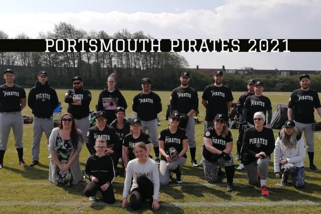 Portsmouth Pirates are on a recruitment drive. Back (from left): Danny Parker, Rob Wilkinson, James O'Toole, Paige Faithfull, Martyn Barnett, James Baddeley, Matt Parker, Shaun Roberts, Paul Harrison, Simon Archer. Front: Lucy Wood, Karina, Emily Cooke, Chappie Russell, Katie Ellis, Emily Wentworth, Karen Mary Battle, Debbie Ellis. Little League players - Ted and Tilly