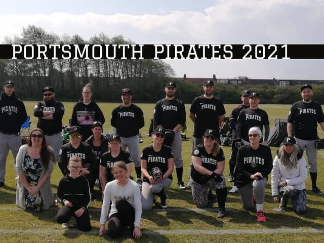 Portsmouth Pirates are on a recruitment drive. Back (from left): Danny Parker, Rob Wilkinson, James O'Toole, Paige Faithfull, Martyn Barnett, James Baddeley, Matt Parker, Shaun Roberts, Paul Harrison, Simon Archer. Front: Lucy Wood, Karina, Emily Cooke, Chappie Russell, Katie Ellis, Emily Wentworth, Karen Mary Battle, Debbie Ellis. Little League players - Ted and Tilly