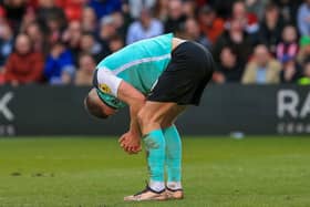 A dejected Colby Bishop agonises over his late miss at Lincoln. Picture: Jez Tighe/ProSportsImages