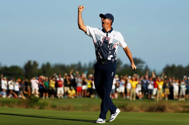 Justin Rose celebrates winning Olympic gold in Rio in 2016. Photo by Scott Halleran/Getty Images.