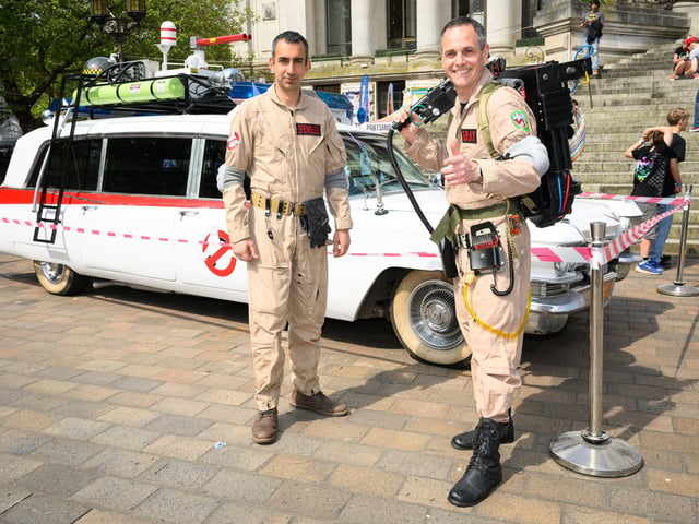 Mark Lees and Simon Grey in front of Ecto-1 GB. Picture: Keith Woodland (110521-61)