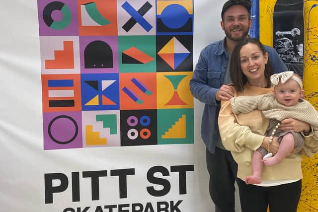 Founders of the Undercover Skatepark Project, Jenna Boyson and Jacob Skinner with their baby Emi.