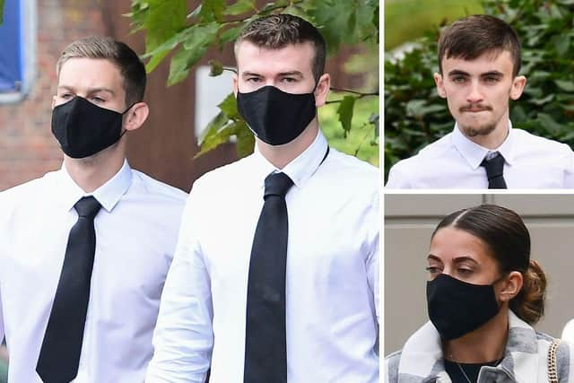 Main picture Bradley Green (left) and Jason Huggitt, top Nathan Daniels, and bottom Coral Lock, pictures at an earlier magistrates' court hearing after being charged in connection with a break-in at Marwell Zoo which saw a bottle thrown at a giraffe Picture: Will Dax/ Solent News and Picture Agency