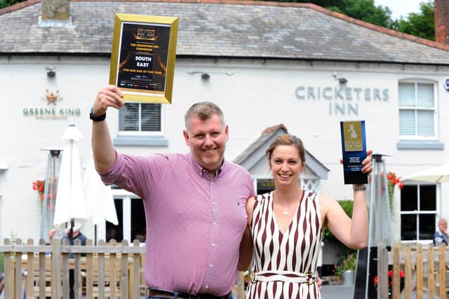 The Cricketers Inn in Curdridge, have won the South East Pub of the Year Award at The National Pub and Bar Awards 2022. Pictured is: Landlords Stuart and Sally Downie. Picture: Sarah Standing (230622-7287).