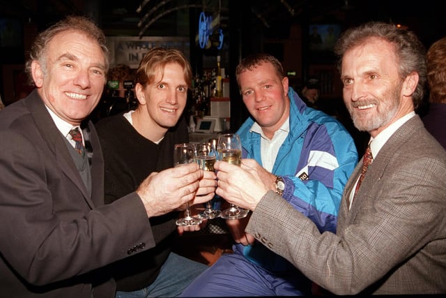 Peter Price,Chris Finch (Sheffield Sharks) Payl Broadbent (Sheffield Eagles) and Mike Bower celebrate Sheffield's success in winning the bid to become  the home of the British Sports Institute. At Players  Bar/Cafe in 1997