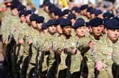 Soldiers from 12 Regiment Royal Artillery pictured parading through Emsworth for St George's Day alongside troops from 47 Regiment Royal Artillery .Picture: Allan Hutchings (131108-838)