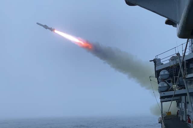 A Harpoon missile is launched from HMS Westminster as part of a training exercise between the Royal Navy, RAF and American Forces. Picture: Royal Navy.