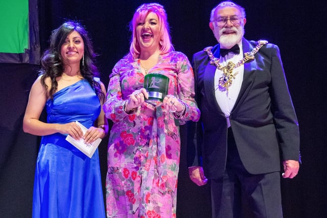 Award Recipient for 'Business: Established 3+ Years' - Lulu Whitmore of 'Love Southsea' with Presenter Dr Alisha Damani and Lord Mayor of Portsmouth Councillor Hugh Mason
