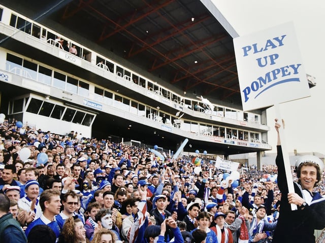 Fans cheering on the Blues at Fratton Park on August 19, 1992.