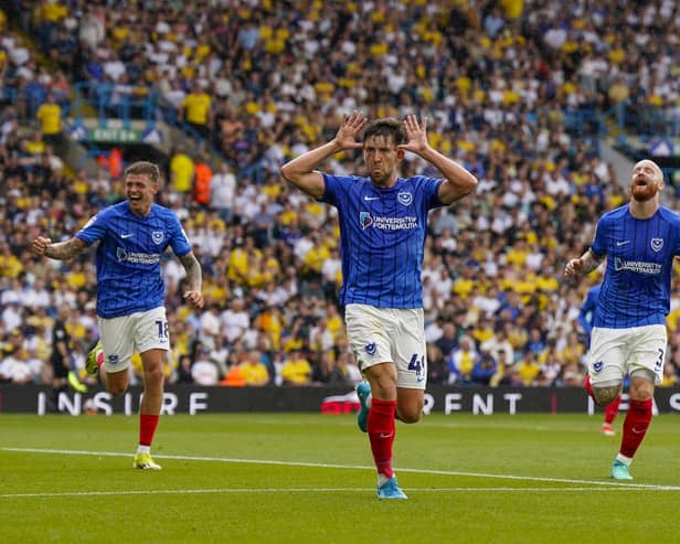 Callum Lang celebrates putting Pompey ahead in the first half at Leeds. Picture: Jason Brown/ProSportsImages