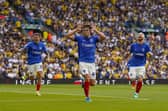 Callum Lang celebrates putting Pompey ahead in the first half at Leeds. Picture: Jason Brown/ProSportsImages