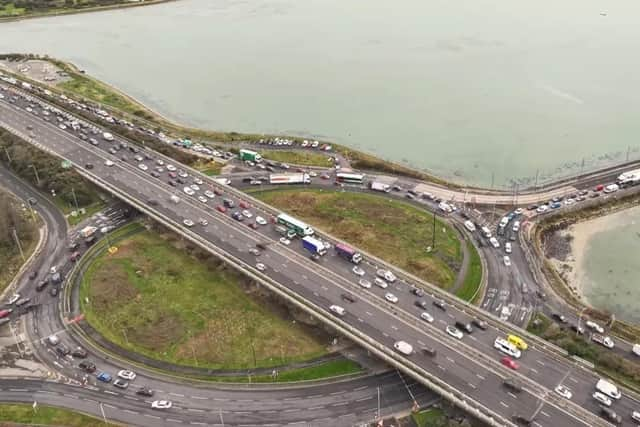 Drone image from Marcin Jedrysiak showing severe traffic jams on Eastern Road last month following a burst sewer. Southern Water said they are on course to complete the latest round of repairs. Picture: Marcin Jedrysiak.